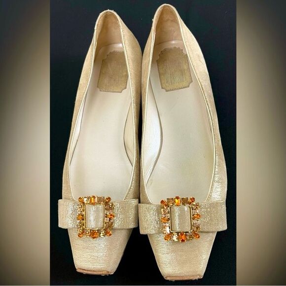 Authentic Christian Dior Elegant Gold Women's Flats with Embellished Buckle